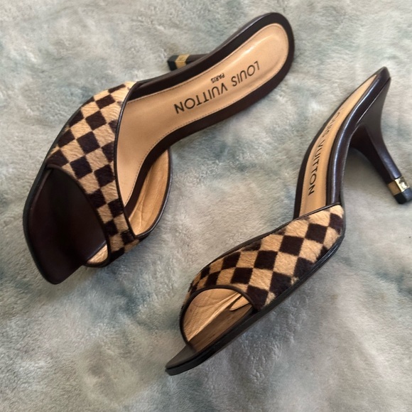 VINTAGE LOUIS VUITTON DAMIER EBENE PONY HAIR MULE SLIDE HEELS SIZE 6.5 - Picture 3 of 10